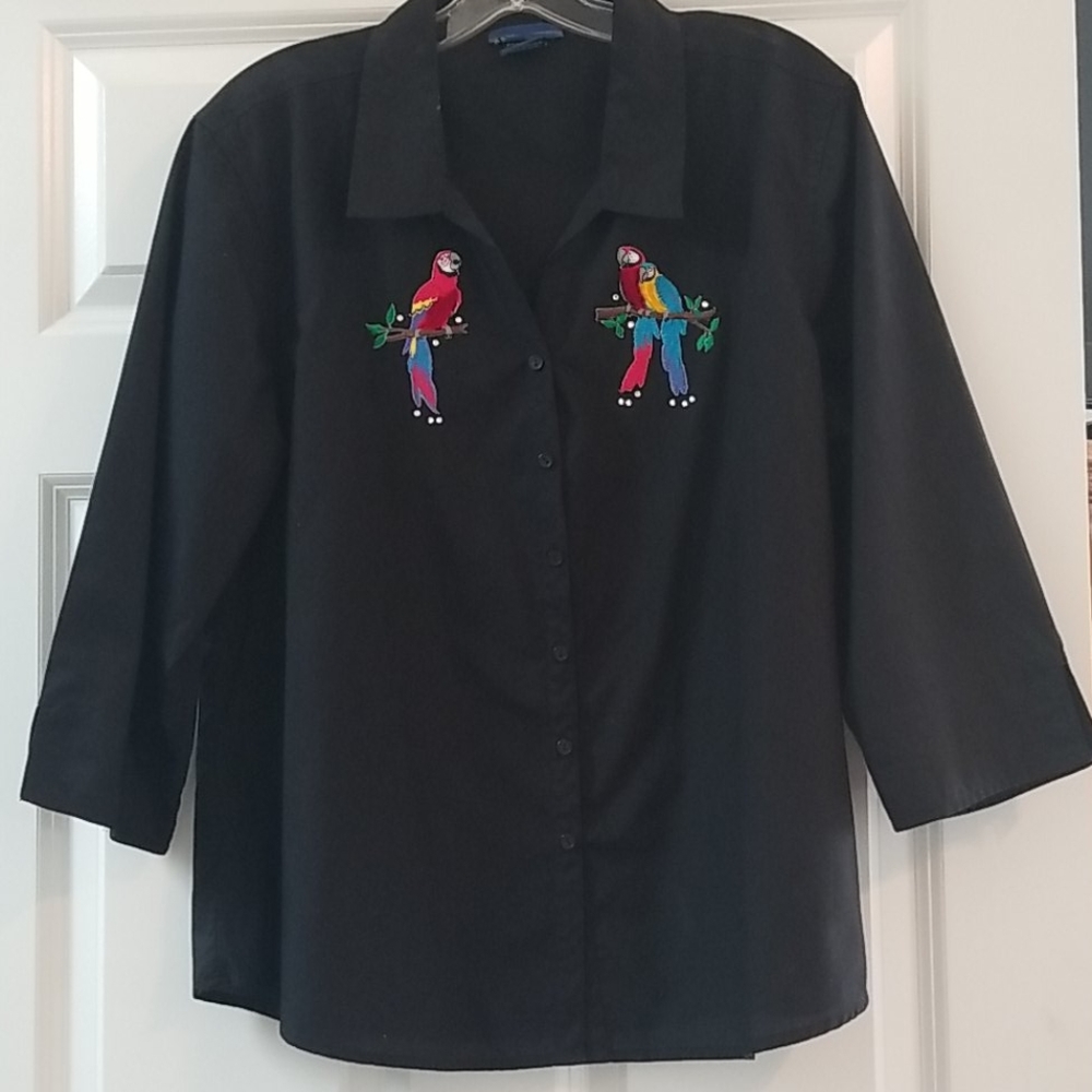 Black button down with macaw embrodied